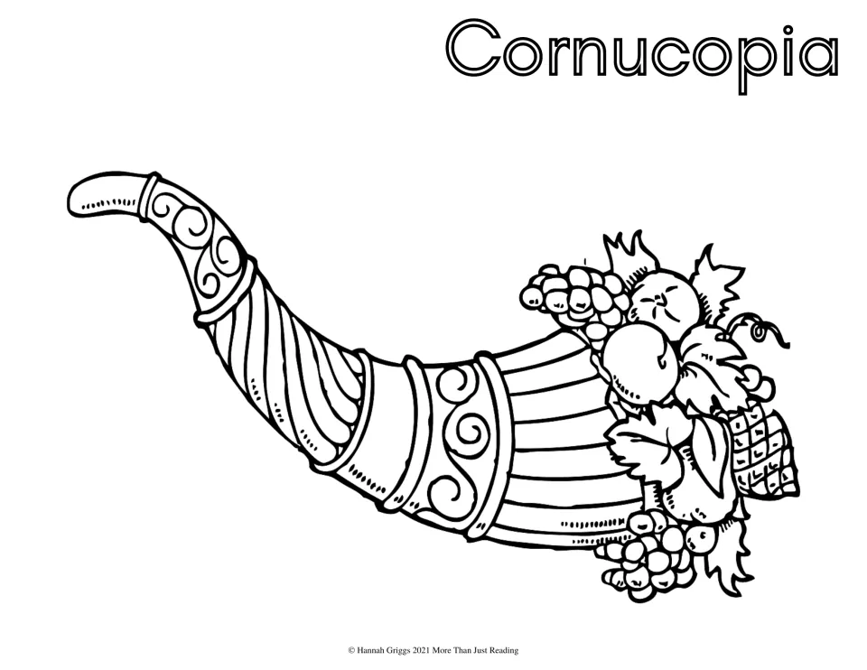 Thanksgiving coloring sheet labeled 'Cornucopia' featuring a horn filled with fruit, corn, and leaves