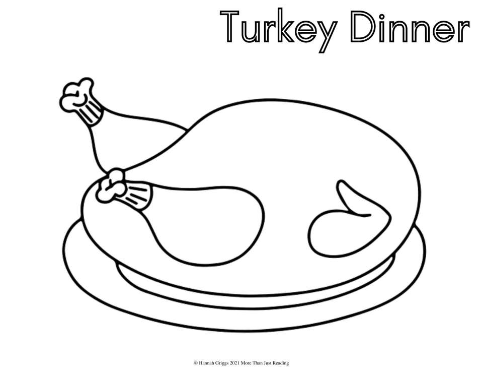 Thanksgiving coloring sheet labeled 'Turkey Dinner' featuring a whole roasted turkey served on a platter