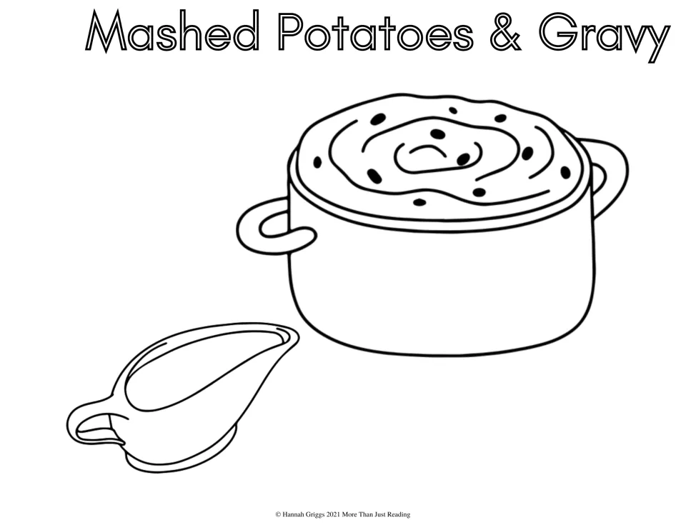 Thanksgiving coloring sheet labeled 'Mashed Potatoes & Gravy' featuring a pot of potatoes and a gravy boat