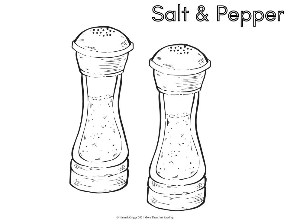 Thanksgiving coloring sheet labeled 'Salt & Pepper' featuring two seasoning shakers with perforated tops