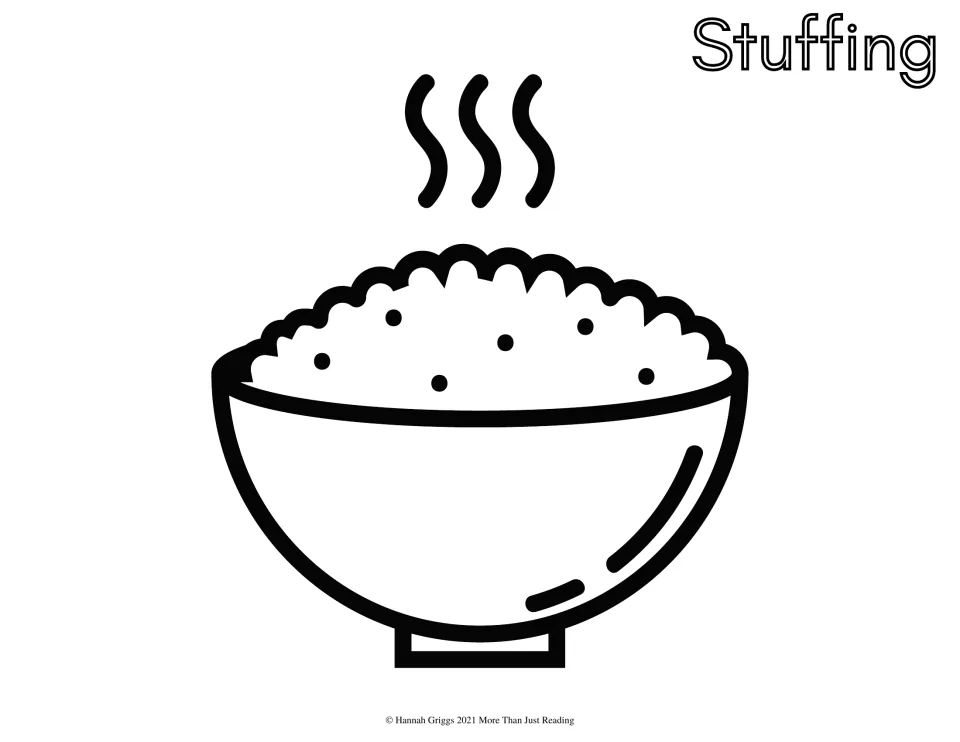 Thanksgiving coloring sheet labeled 'Stuffing' featuring a full bowl of stuffing with steam rising above it