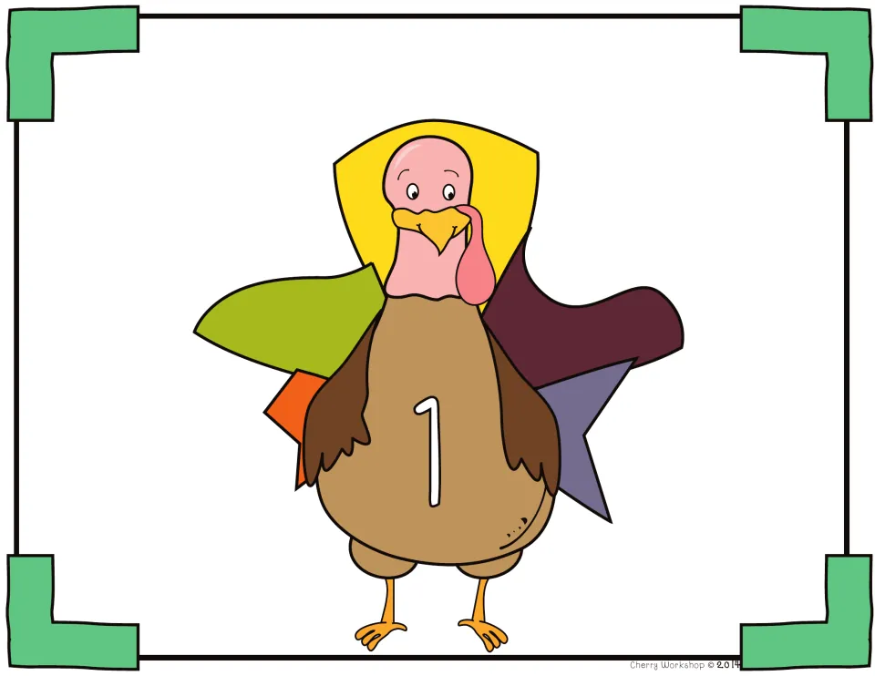 Turkey number mat 1: a turkey with the numeral 1 on its body and five colored tail feathers, first of the 30 mats