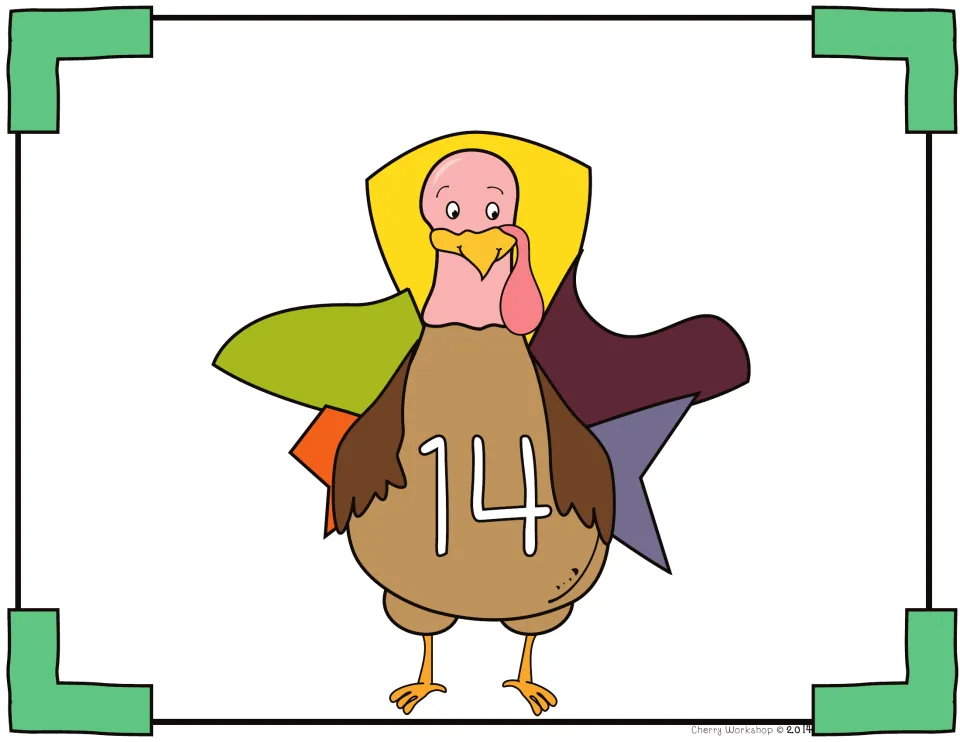 Number 14 on a turkey's body, the mat where five puzzle pieces showing 14 are placed, including an addition piece