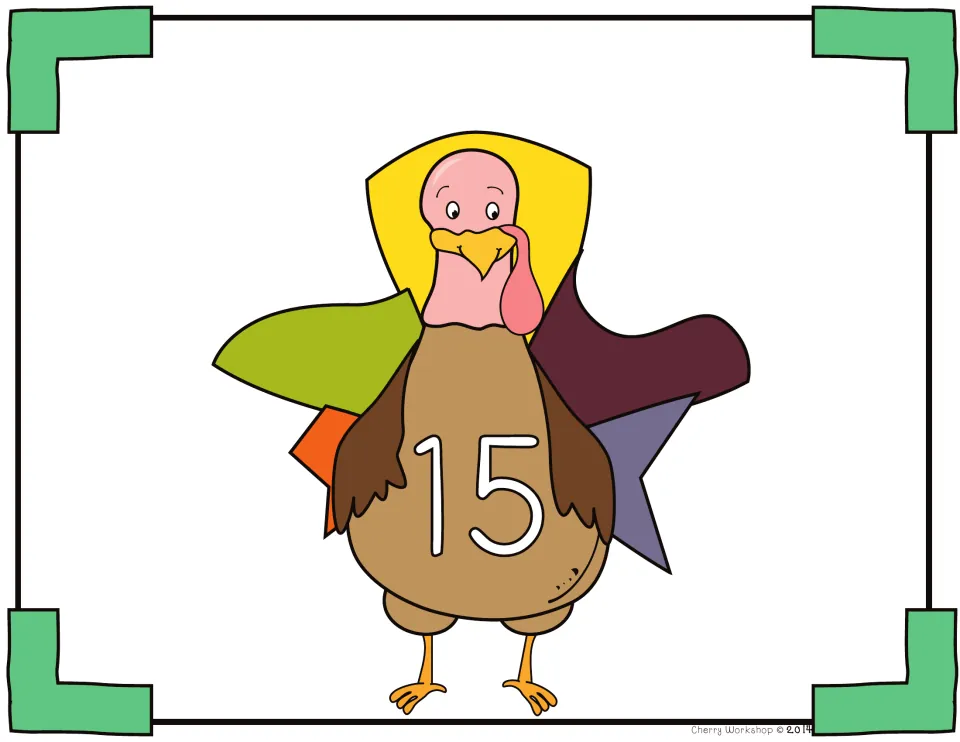 Turkey puzzle mat 15: the numeral 15 on the turkey, to pair with ten frame, addition, number name and tally pieces
