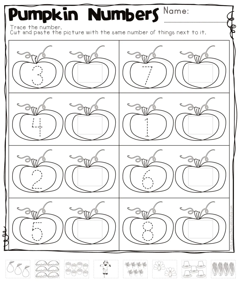 Pumpkin Numbers: students trace numbers 1 to 8, then cut and paste the fall picture set with the matching count