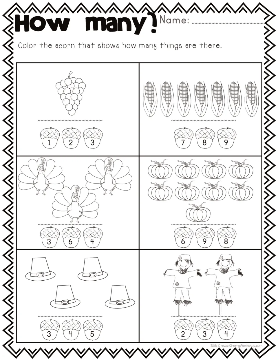How Many?: students count grapes, corn, turkeys, pumpkins, hats and scarecrows, then color the acorn with the right number