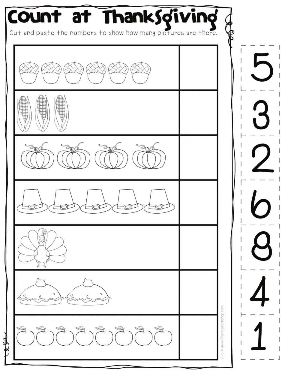 Count at Thanksgiving: students count rows of acorns, corn, pies and apples, then cut and paste the matching number