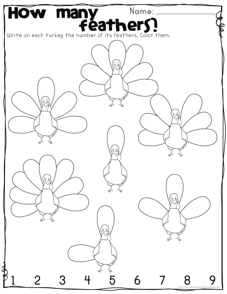 How Many Feathers?: students count the feathers on 7 turkeys, write each number on the turkey, then color them