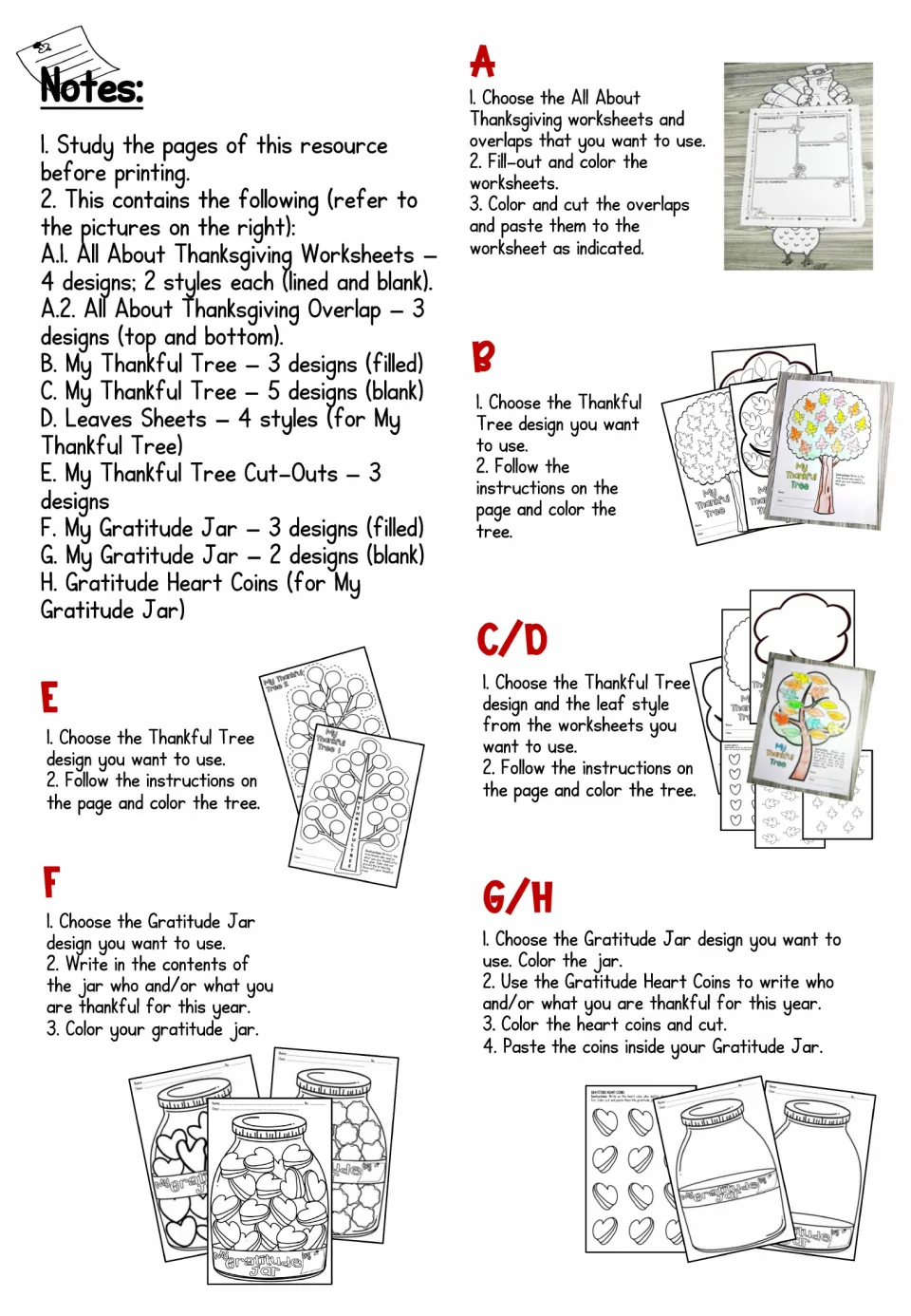 Teacher notes: contents for parts A to H with steps for All About Thanksgiving overlaps, thankful tree and gratitude jar