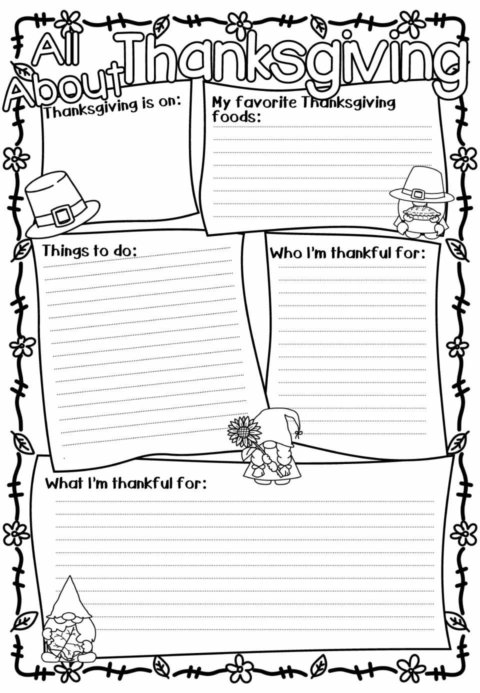 Ruled gnome version of All About Thanksgiving: students write sentences on plans, foods and what they're thankful for
