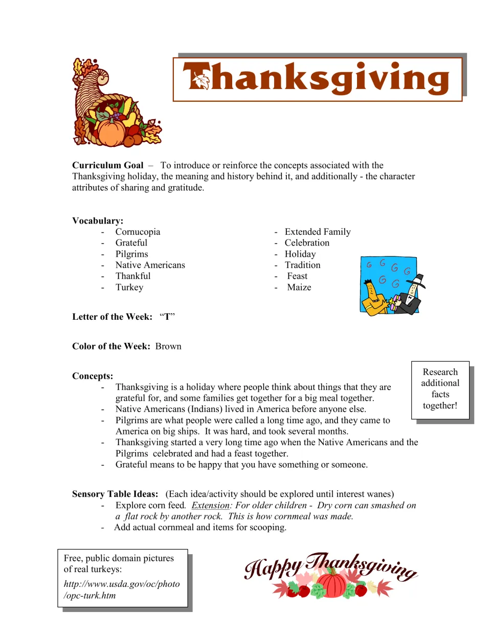 Unit overview: curriculum goal, vocabulary such as cornucopia and Pilgrims, letter T, color brown and key concepts