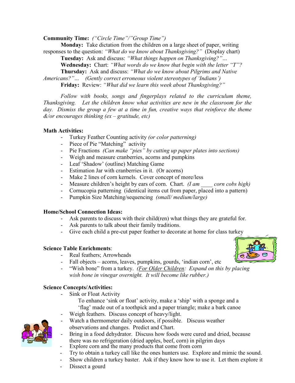 Circle time questions for each weekday, with math ideas like feather counting and pie fractions, plus science activities