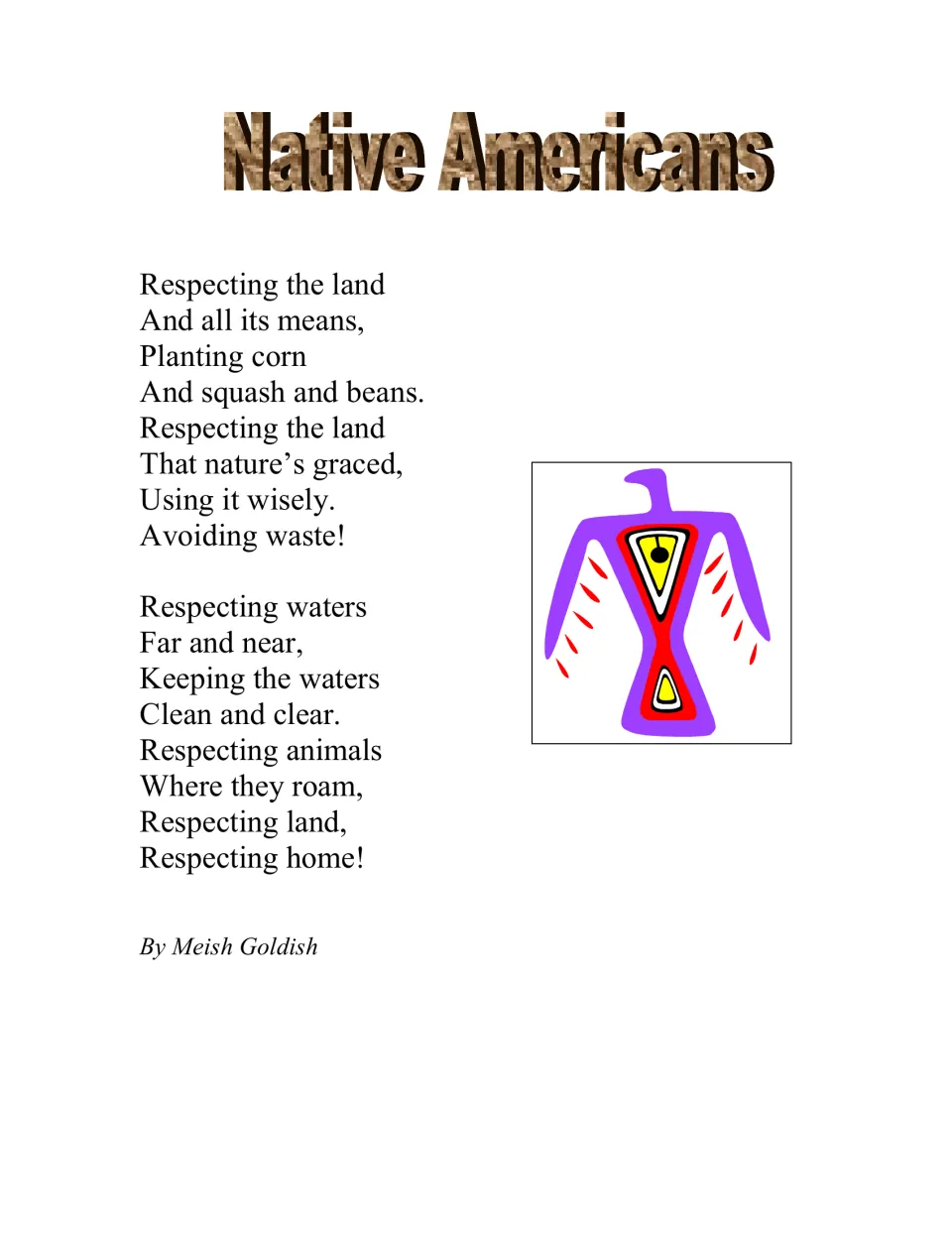 Native Americans poem by Meish Goldish about respecting the land, waters and animals, shown beside a bird symbol