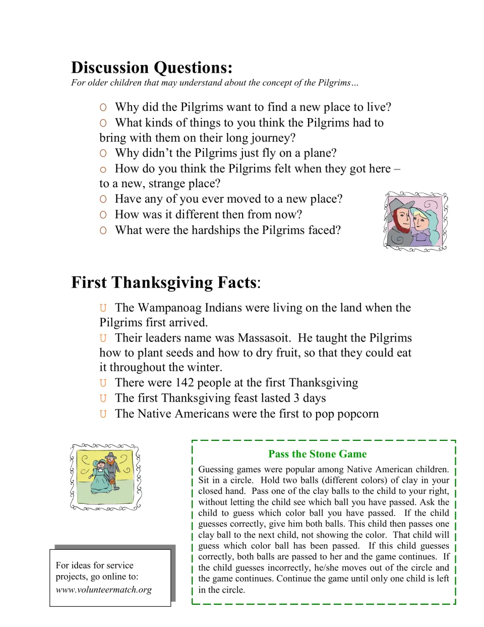 Pilgrim discussion questions and First Thanksgiving facts about the Wampanoag and Massasoit, plus the Pass the Stone Game