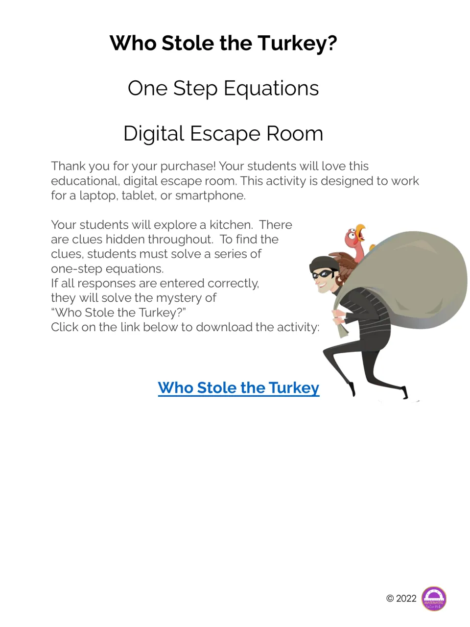Access and instruction sheet for a digital escape room: solve one-step equations to find kitchen clues.