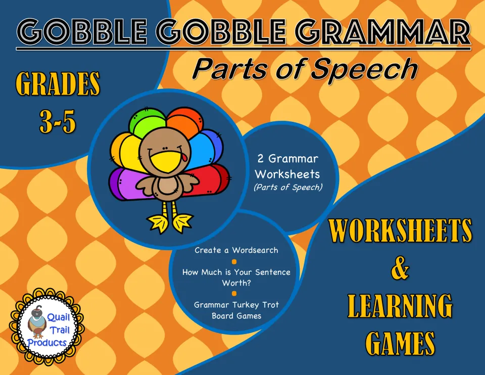 Gobble Gobble Grammar parts of speech cover for grades 3-5: two worksheets, a wordsearch, sentence task and board games