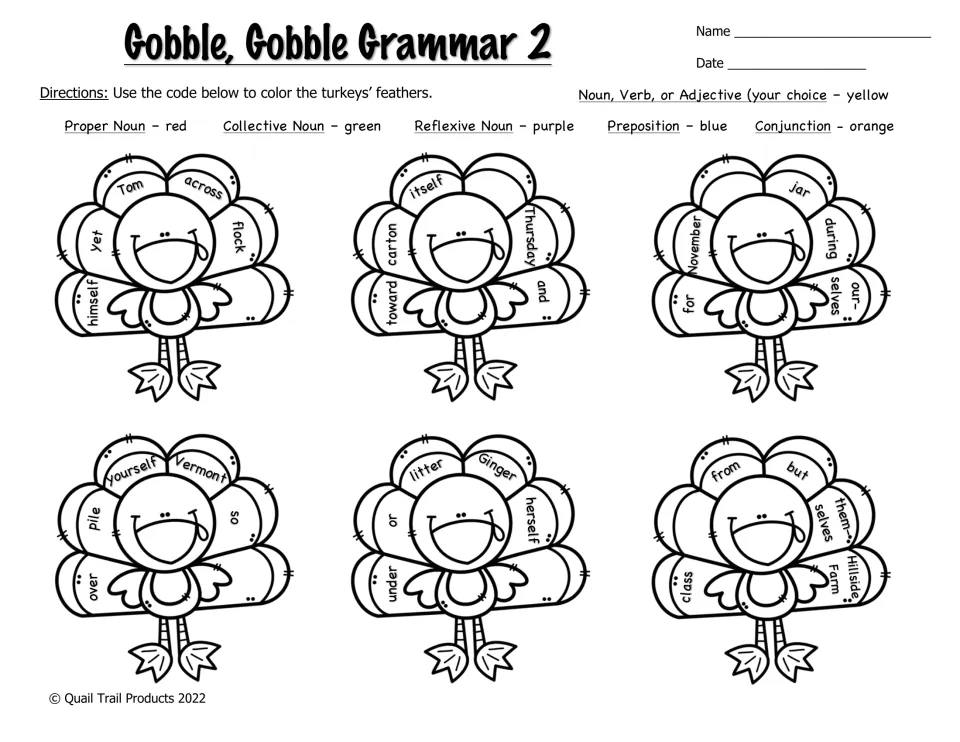 Gobble, Gobble Grammar 2: students color words as proper, collective or reflexive nouns, prepositions or conjunctions
