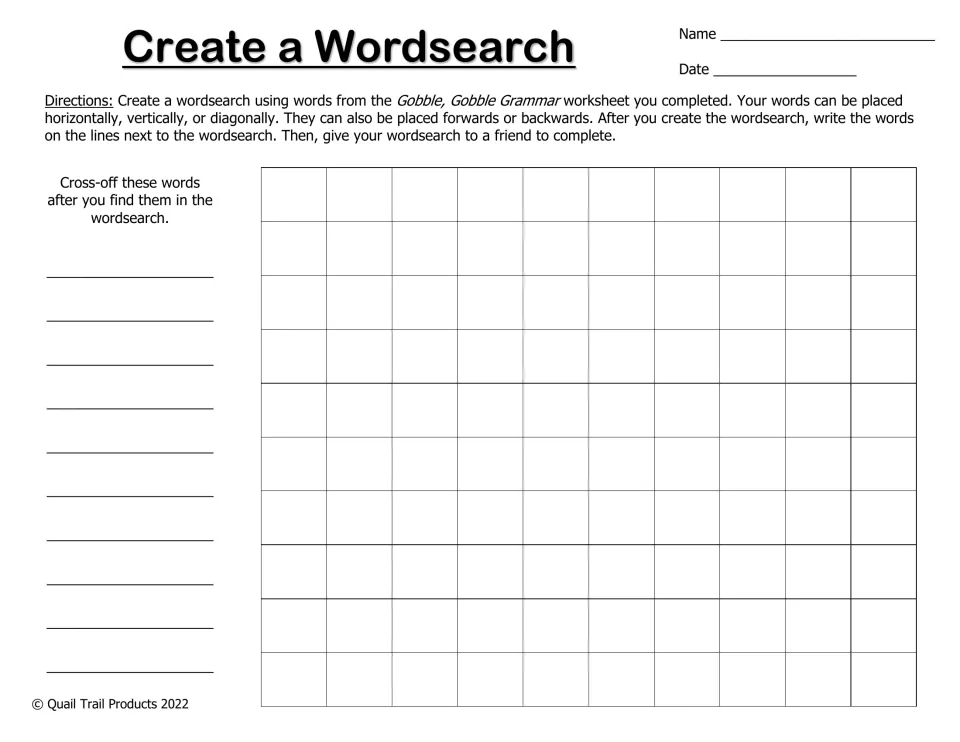 Create a Wordsearch: students hide words from the turkey grammar sheet, list them, then swap puzzles with a friend to solve