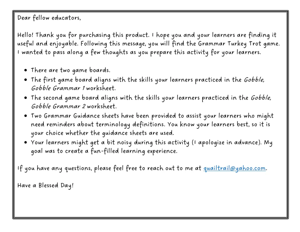 Letter to teachers explaining the two Turkey Trot game boards, how each matches a worksheet, and optional guidance sheets