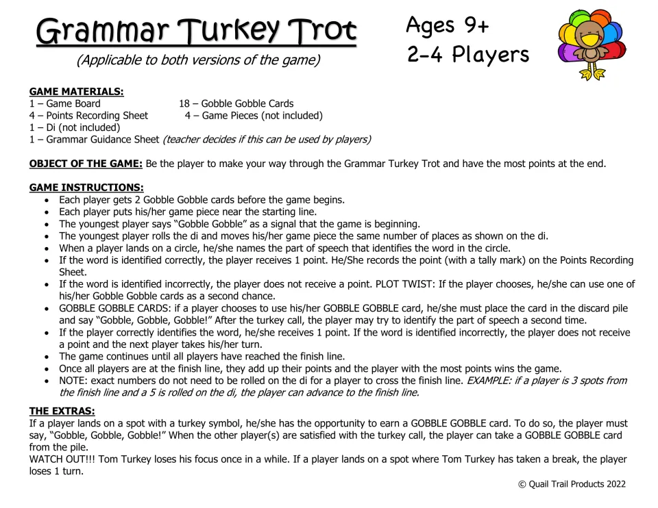 Grammar Turkey Trot rules for 2-4 players: roll a die, land on a word and name its part of speech to earn points
