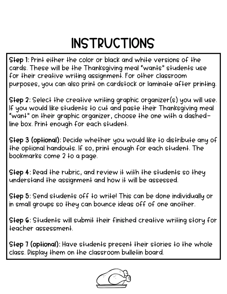 Writing unit instructions cover printing meal cards, choosing organizers, reviewing rubrics, and sharing stories