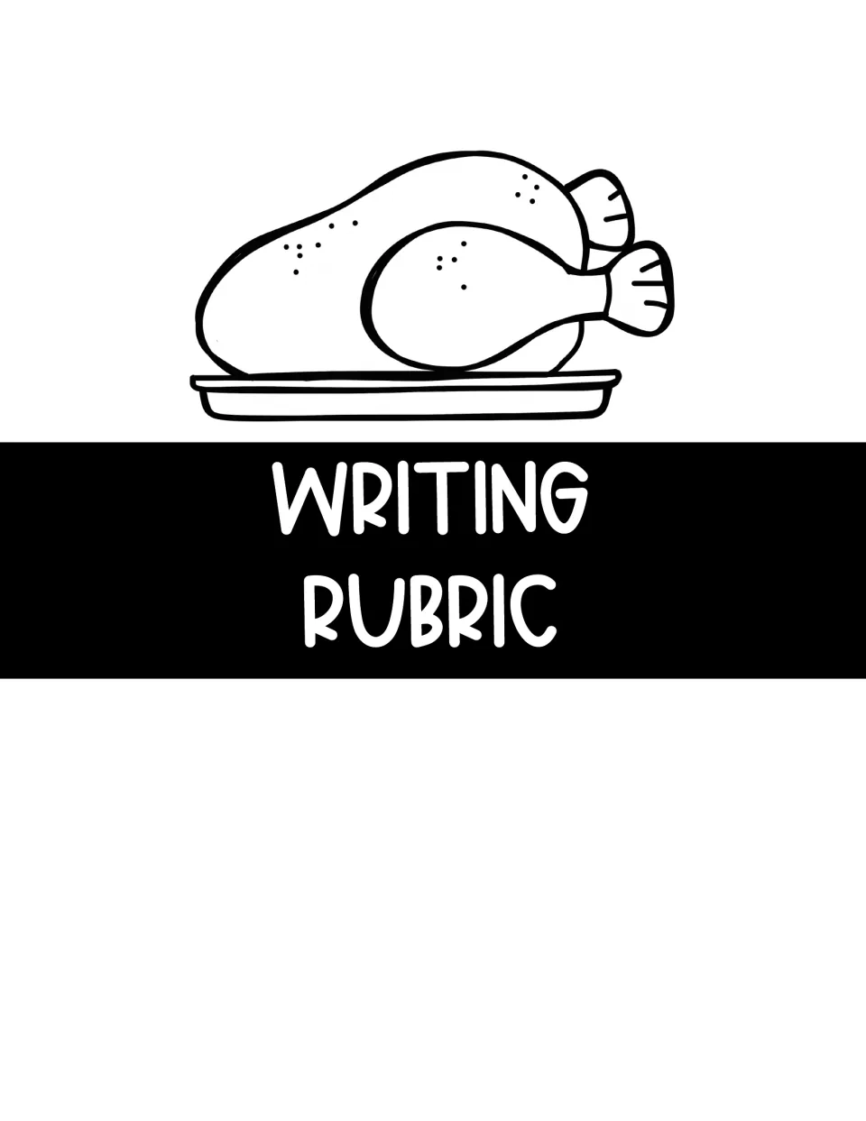Section divider labeled 'Writing Rubric' introduces the Thanksgiving unit's teacher and student rubrics