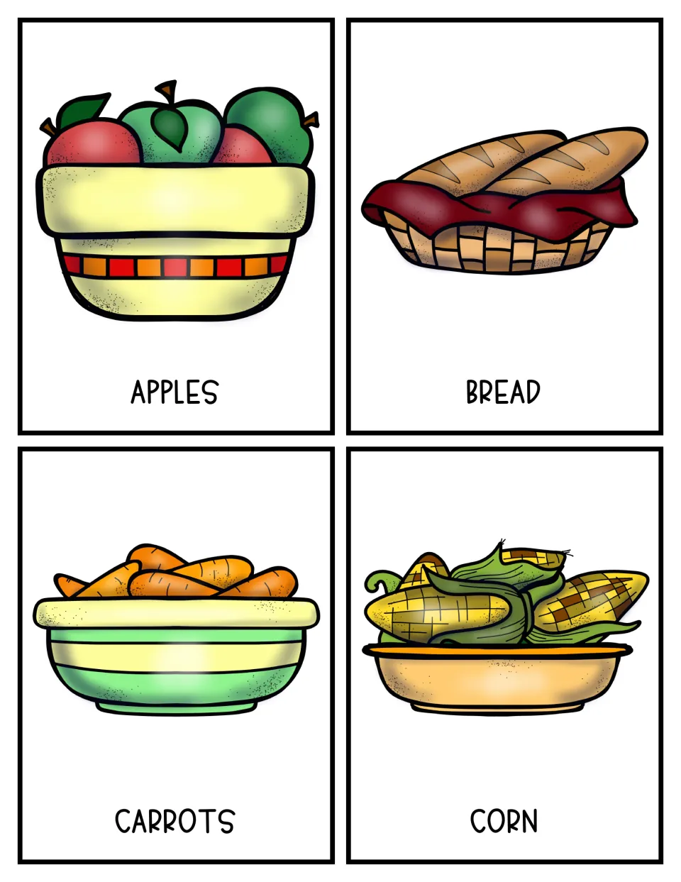 Thanksgiving meal prompt cards 1–4 show labeled color pictures of apples, bread, carrots, and corn