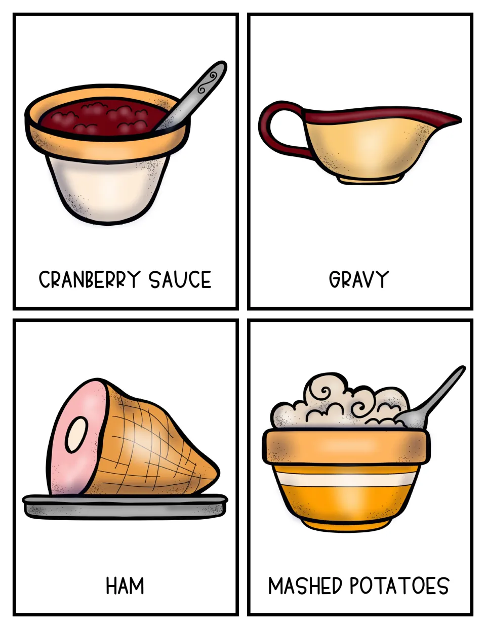 Thanksgiving meal prompt cards 5–8 show color pictures of cranberry sauce, gravy, ham, and mashed potatoes