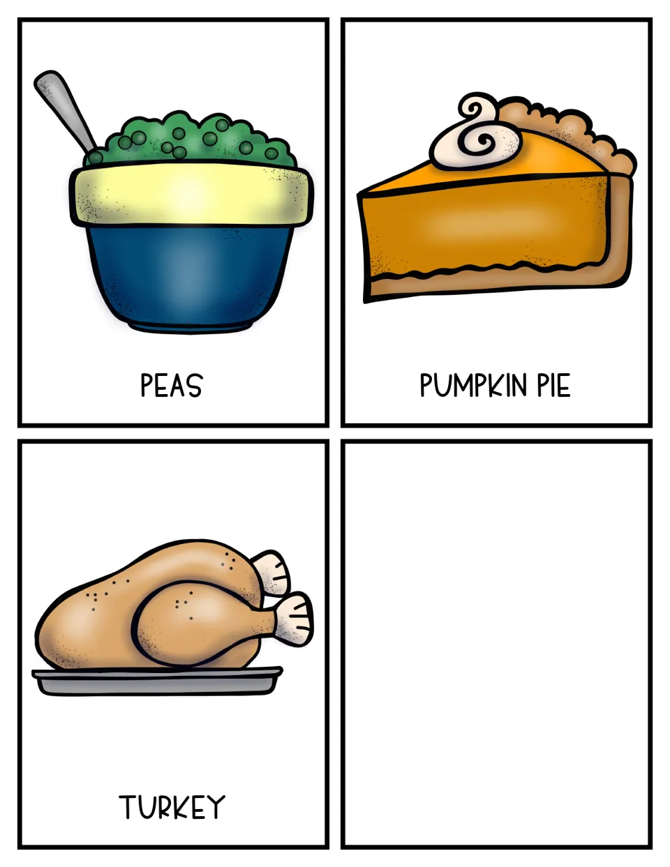 Thanksgiving meal prompt cards 9–11 show labeled color pictures of peas, pumpkin pie, and turkey