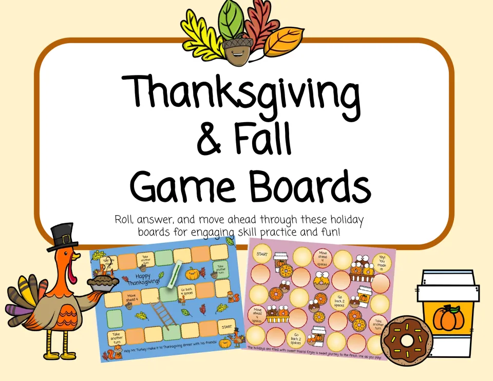 Thanksgiving & Fall Game Boards cover: roll, answer and move ahead; shows a turkey board and a donut treats board
