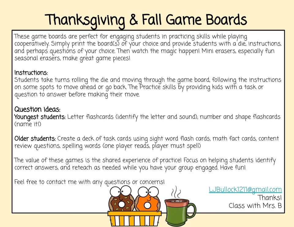 Teacher directions: students roll a die, answer a flashcard or task card question, then move; question ideas by age