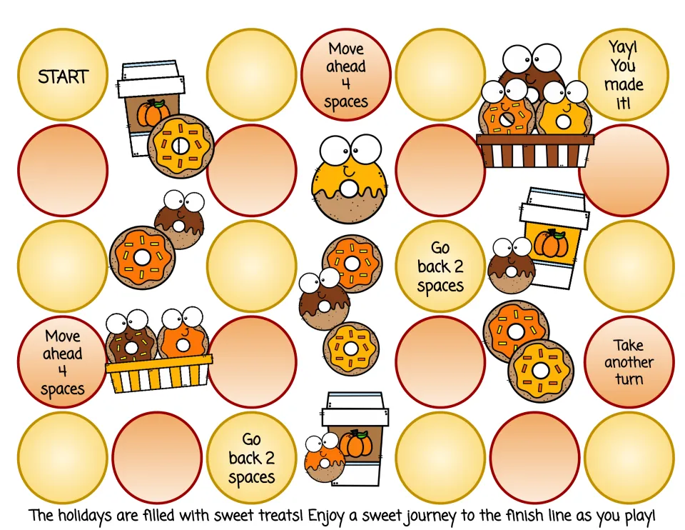 Sweet treats board game on white: players roll from START past donuts and pumpkin drinks, with move ahead and go back spots