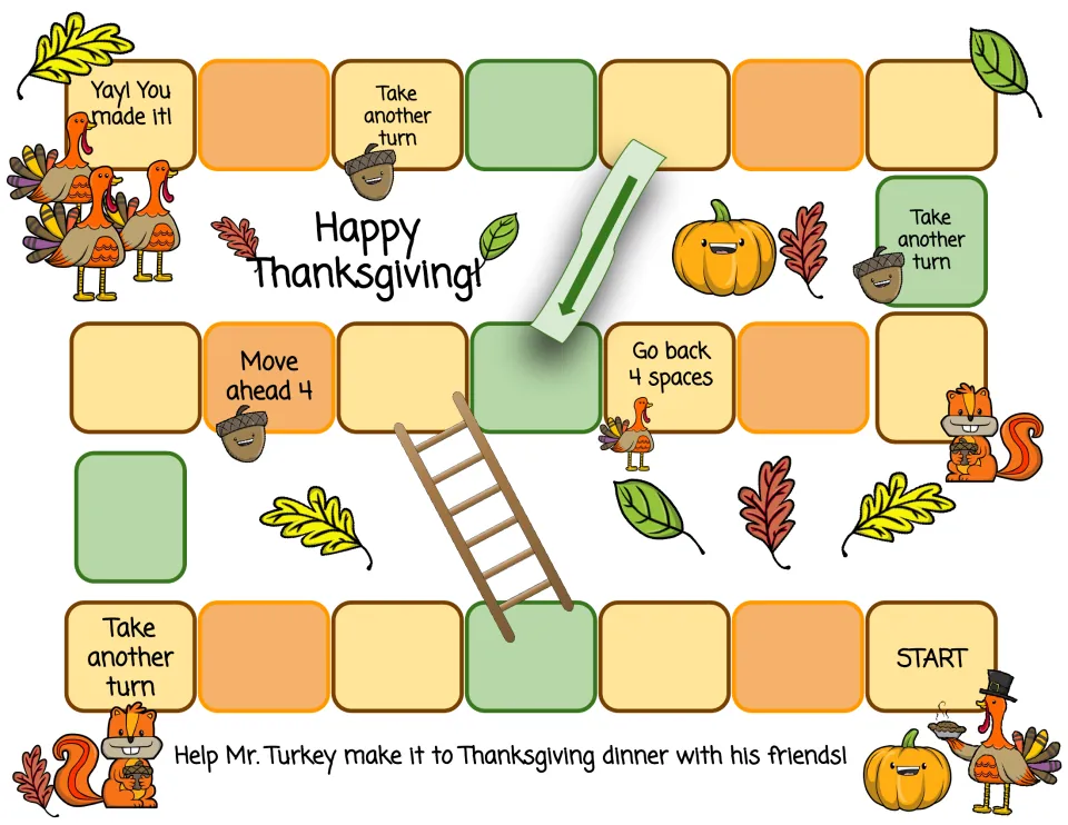 Mr. Turkey board game on white: players move from START to Thanksgiving dinner using a ladder, a slide and bonus turns