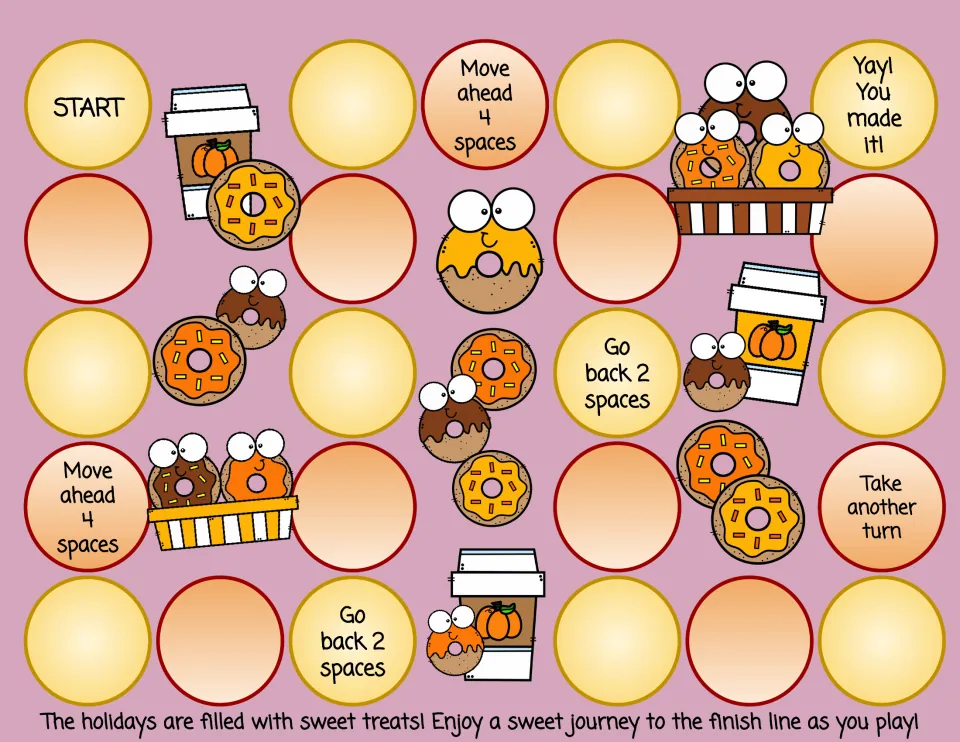 Sweet treats board game in pink: the same donut path from START to 'Yay! You made it!' with take another turn spaces
