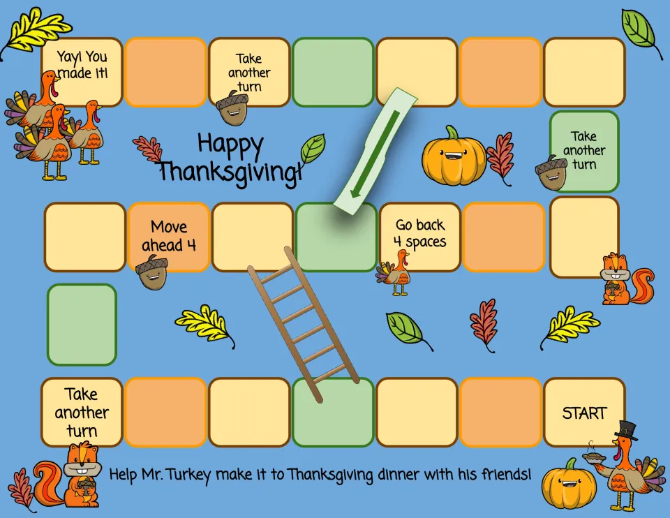 Mr. Turkey board game in blue: the turkey path to dinner, with go back 4 spaces, move ahead 4 and a ladder shortcut