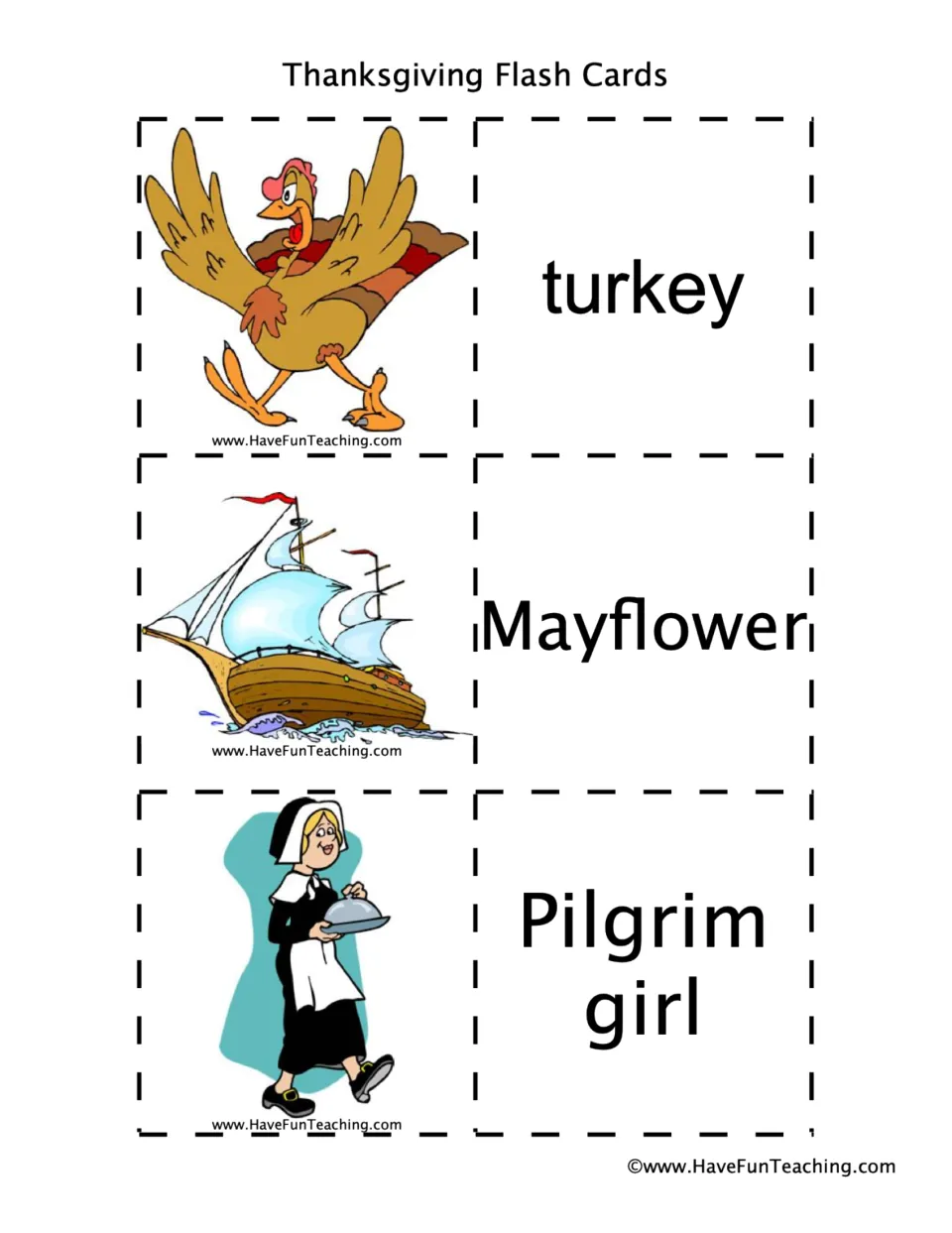 Thanksgiving vocabulary pairs 1–3: turkey, Mayflower, and Pilgrim girl, each shown as a picture and word