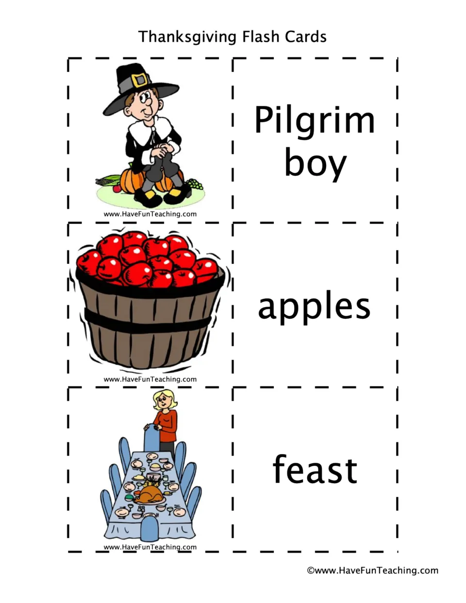 Thanksgiving vocabulary pairs 4–6: Pilgrim boy, apples, and feast, each shown as a picture and word