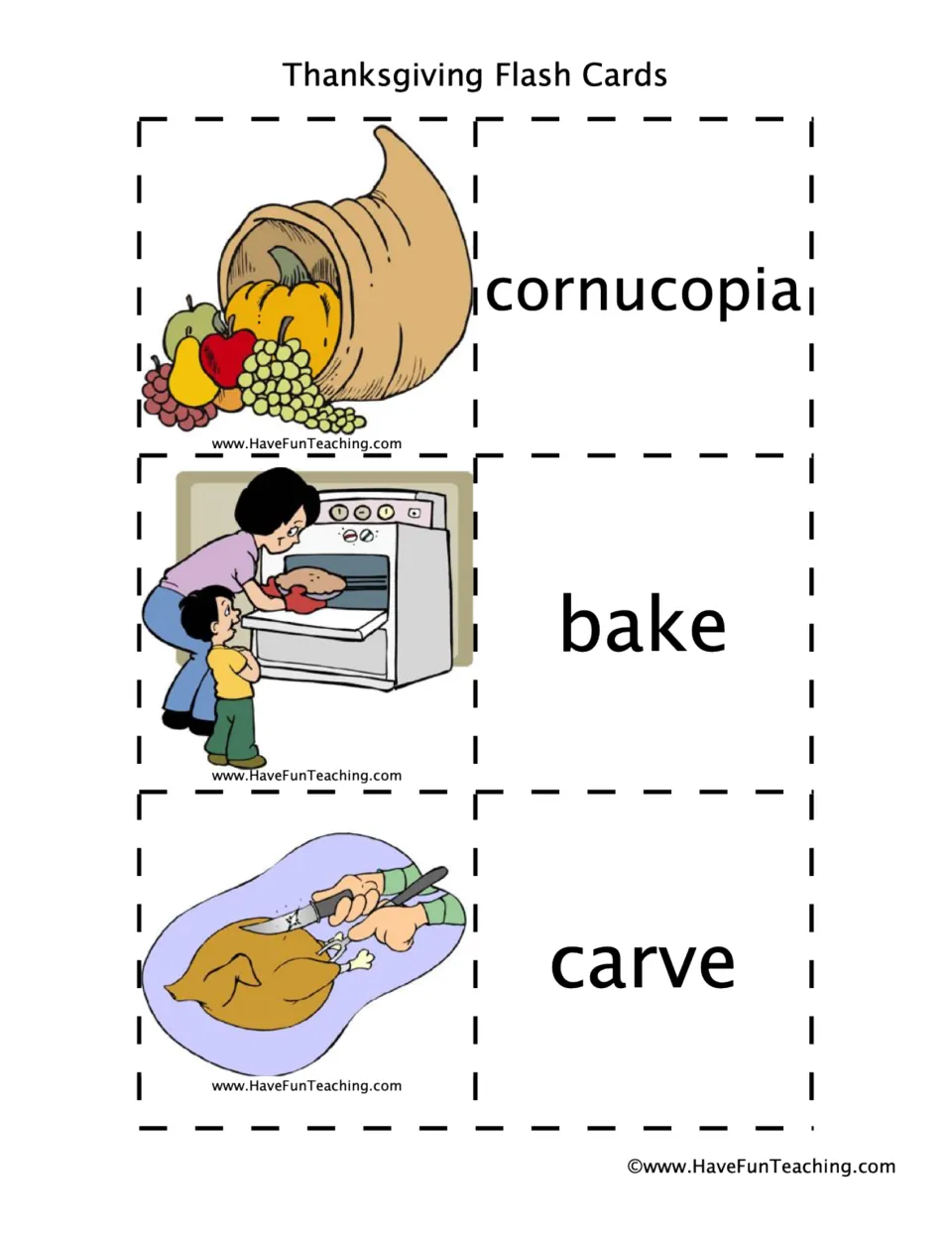 Thanksgiving vocabulary pairs 7–9: cornucopia, bake, and carve, each shown as a picture and word