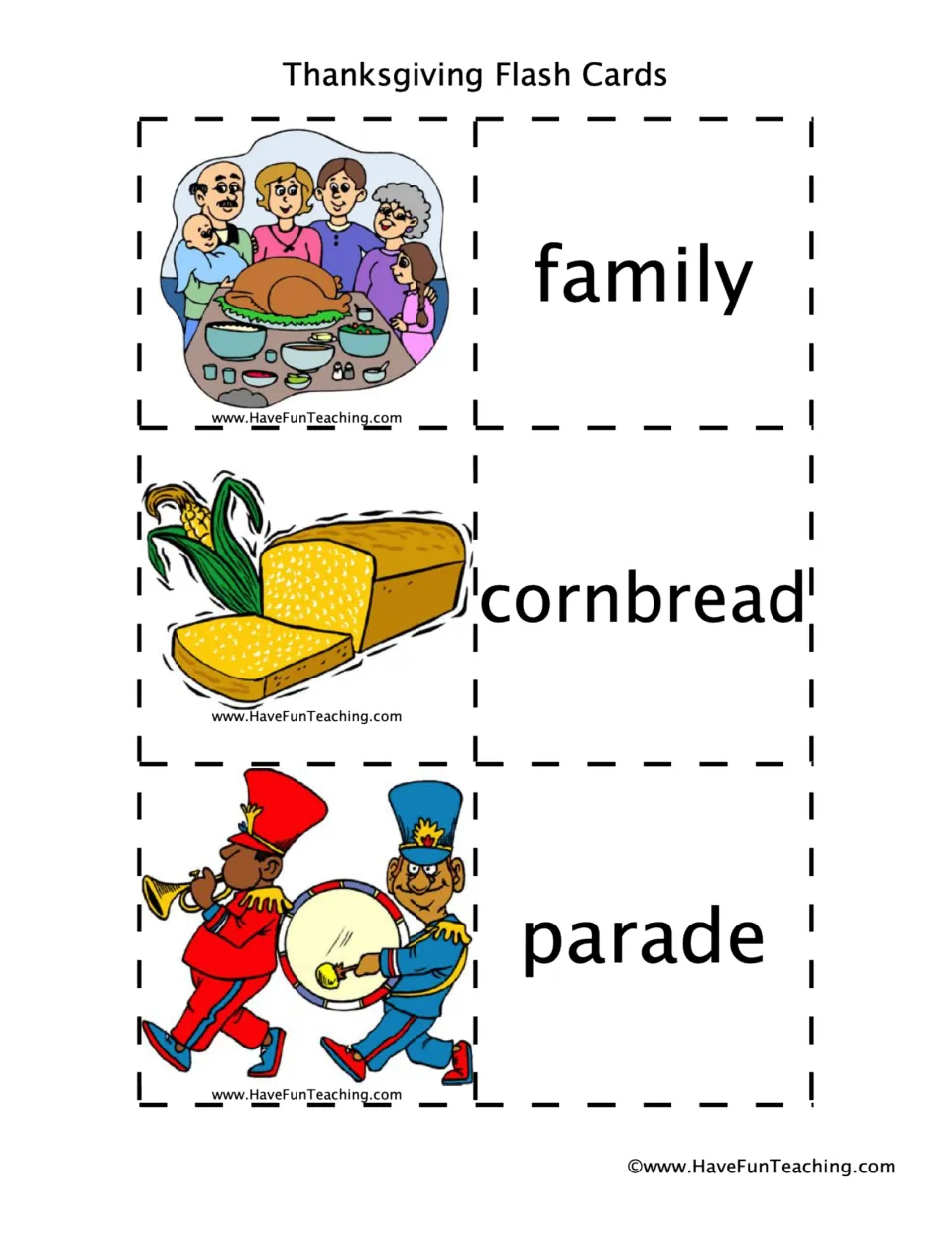 Thanksgiving vocabulary pairs 10–12: family, cornbread, and parade, each shown as a picture and word