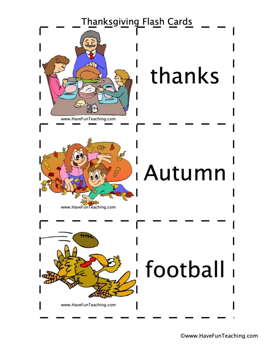Thanksgiving vocabulary pairs 13–15: thanks, Autumn, and football, each shown as a picture and word