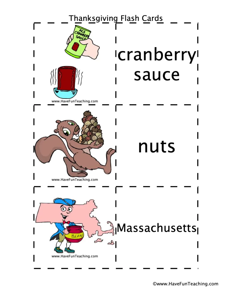 Thanksgiving vocabulary pairs 16–18: cranberry sauce, nuts, and Massachusetts, with matching pictures