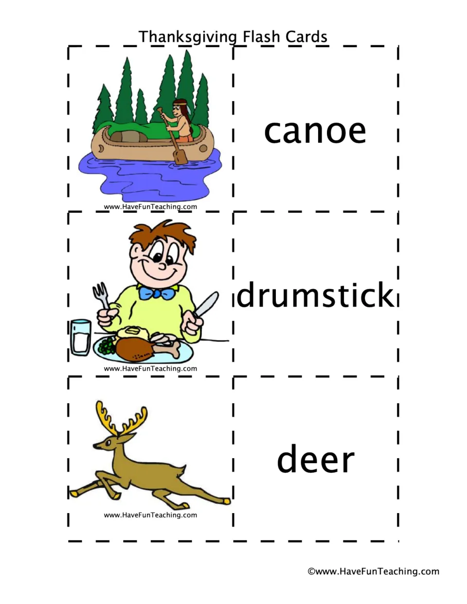 Thanksgiving vocabulary pairs 19–21: canoe, drumstick, and deer, each shown as a picture and word