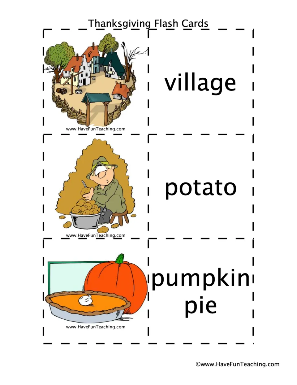 Thanksgiving vocabulary pairs 22–24: village, potato, and pumpkin pie, each shown as a picture and word