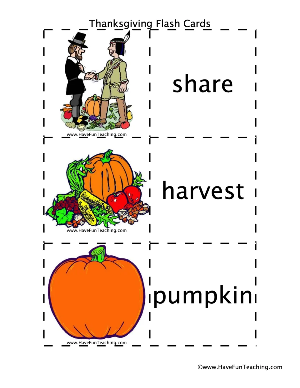 Thanksgiving vocabulary pairs 25–27: share, harvest, and pumpkin, each shown as a picture and word