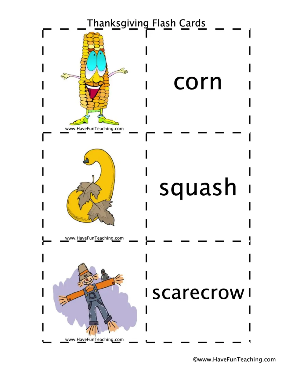 Thanksgiving vocabulary pairs 28–30: corn, squash, and scarecrow, each shown as a picture and word