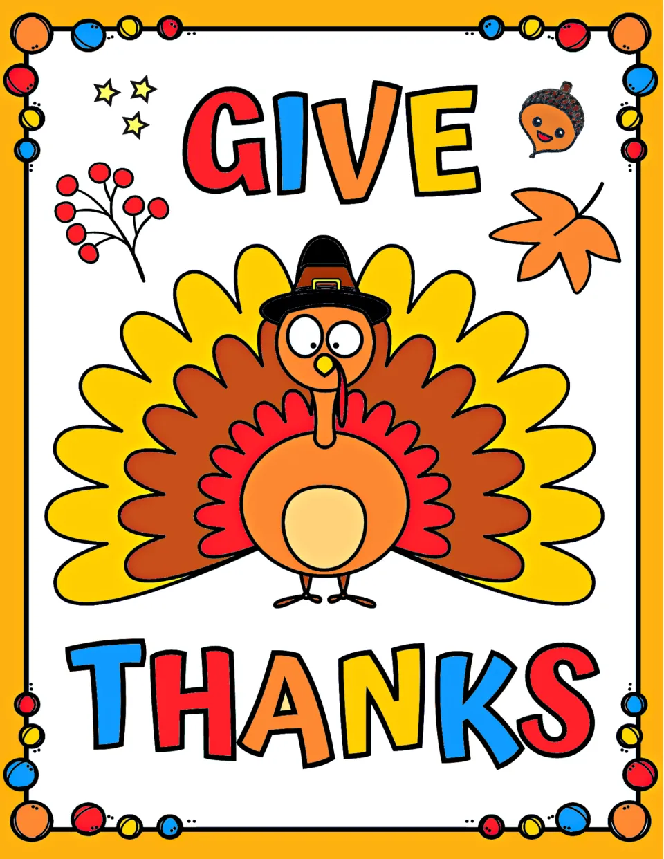 Give Thanks in full color: a turkey in a pilgrim hat, berries, acorn and leaf, shown as a colored model of the design