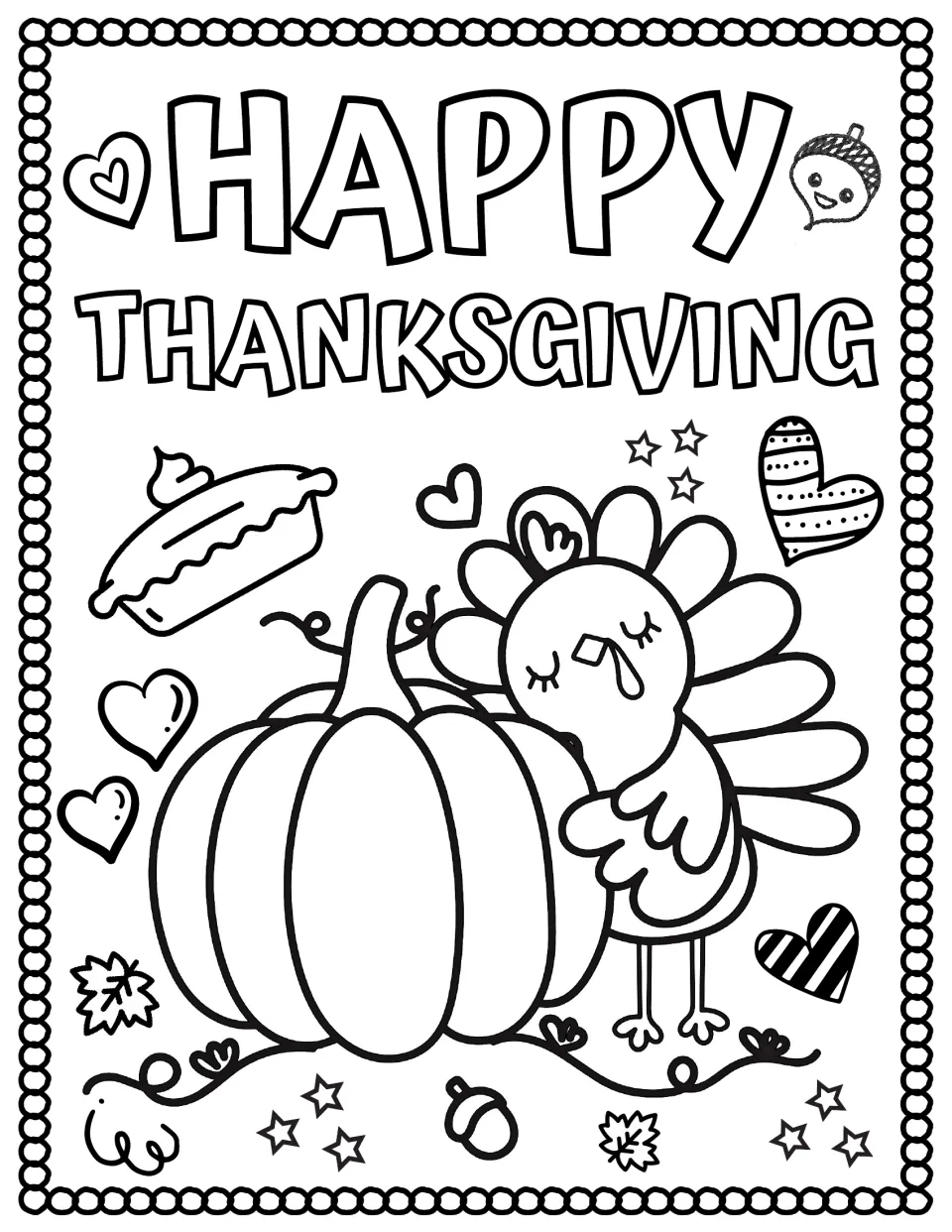 Happy Thanksgiving coloring page: students color a turkey hugging a big pumpkin, a pie, hearts, acorns and fall leaves