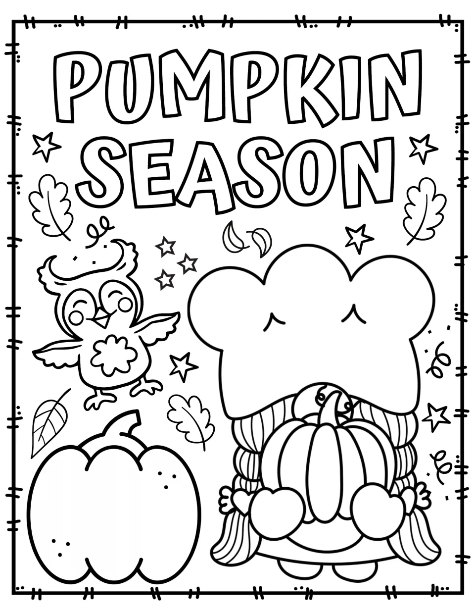 Pumpkin Season coloring page: students color a gnome holding a pumpkin, a happy owl, a large pumpkin and oak leaves