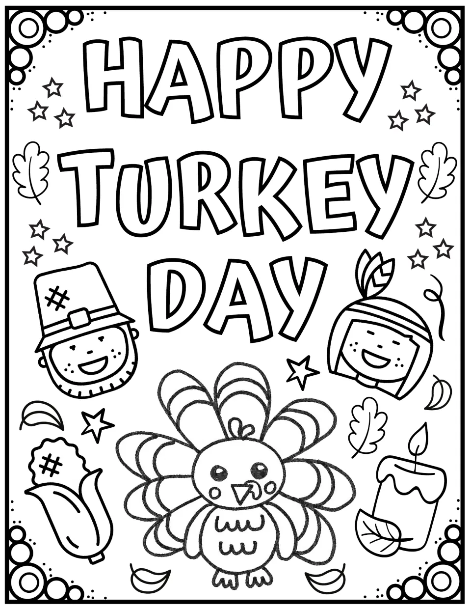 Happy Turkey Day coloring page: students color a turkey, a pilgrim and a Native American child, corn and a candle