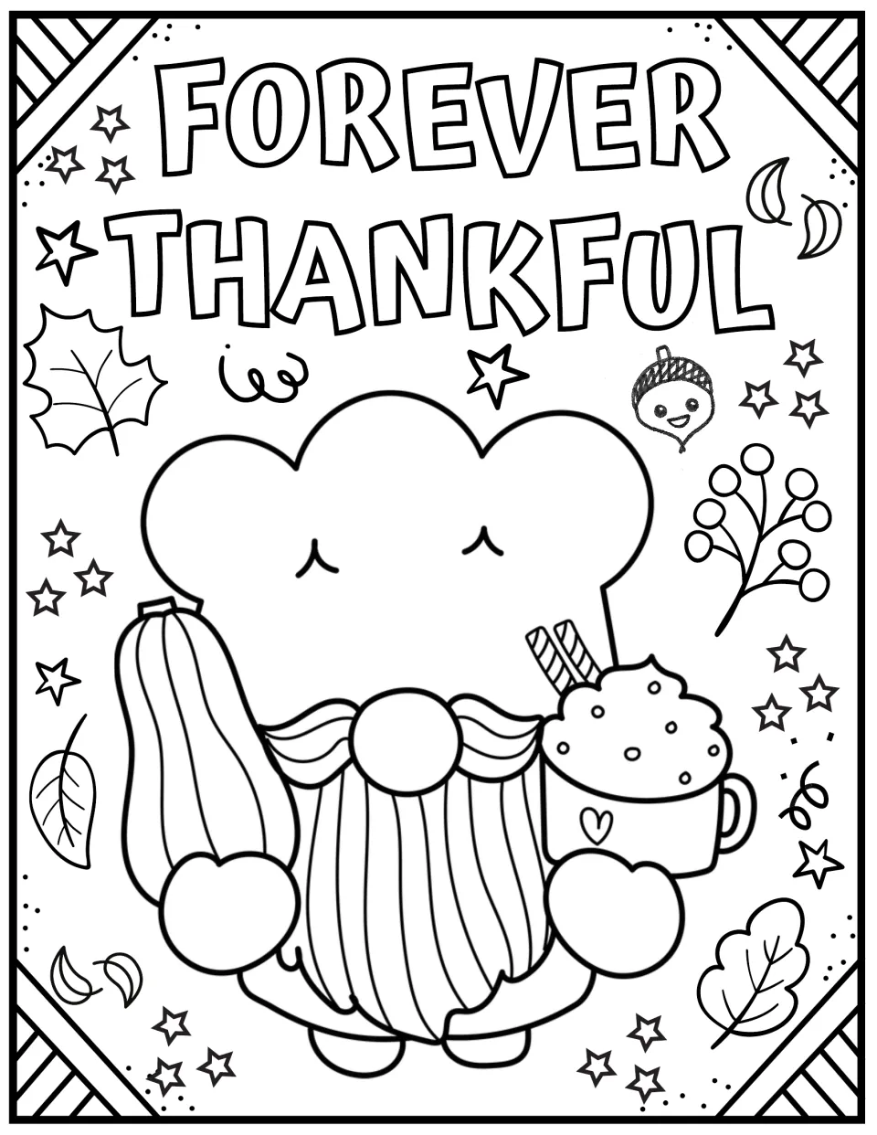 Forever Thankful coloring page: students color a gnome holding a squash and a mug of cocoa, with berries and leaves
